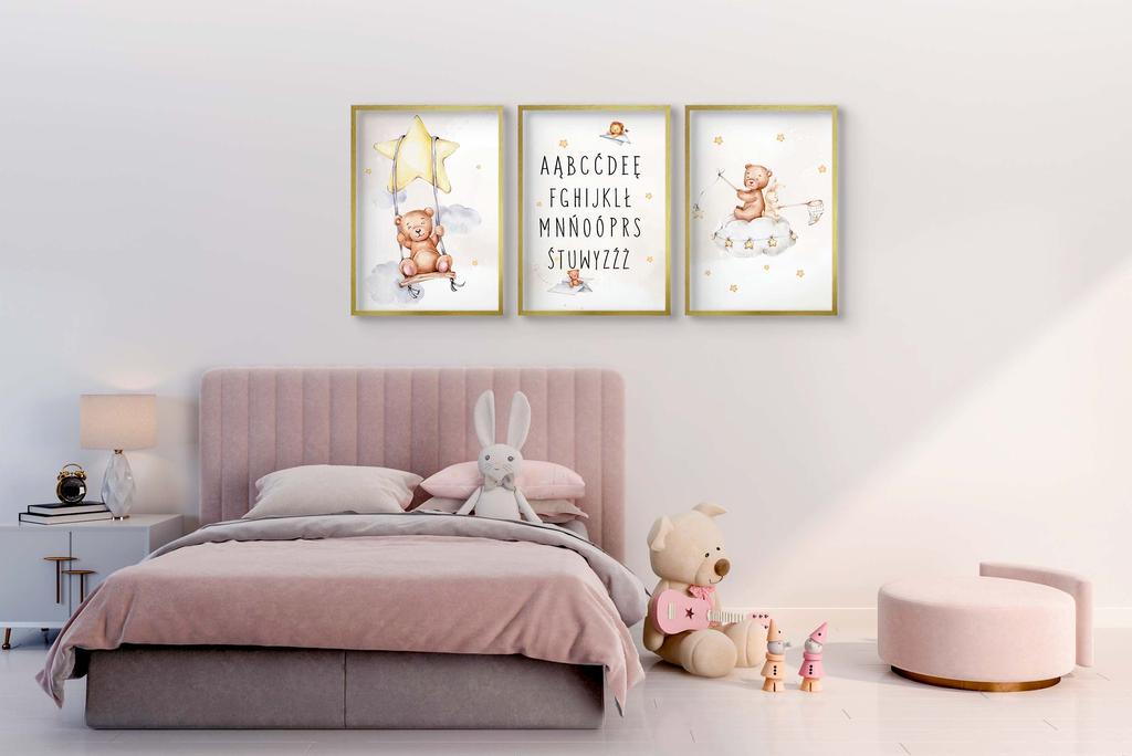 Zestaw Plakatów dla dziecka Alfabet Literki Miś Dziecięce Obrazy beż 30x40