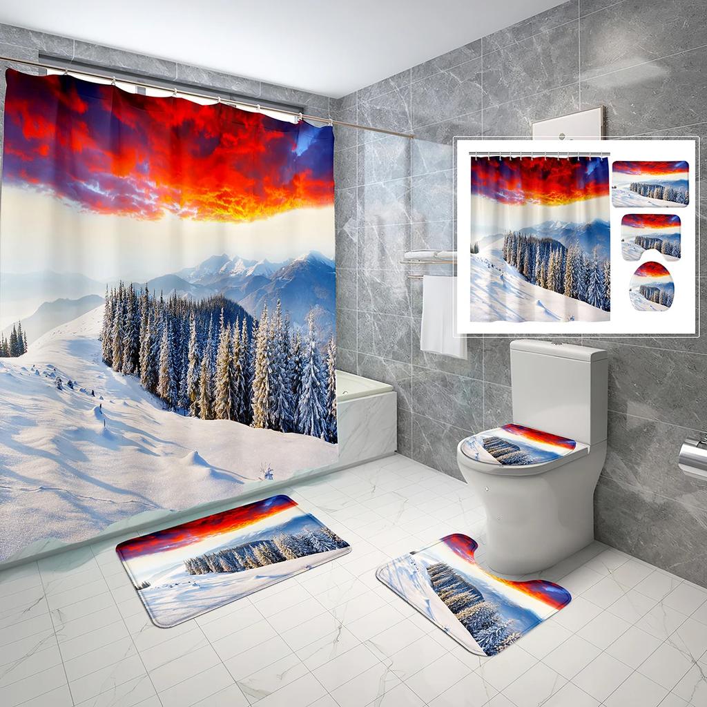 Snow Mountain Shower Curtain Set Waterproof Winter Natural Scenery Shower Curtain With Hook Non-Slip Bath Mat Toilet Lid Cover