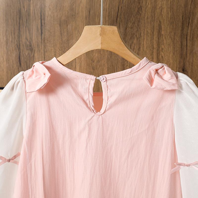 Girls Dress 2025 Autumn Long Sleeve Fashion Bow Sweet Mesh Skirt Princess Pink Dress for Children