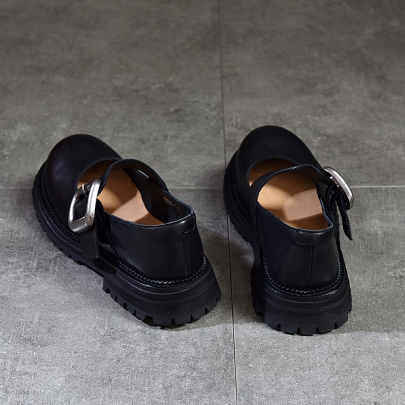 Johnature Divat sokoldalú fém csat, kerek orr, vastag talp Mary Janes cipők valódi bőr női cipők