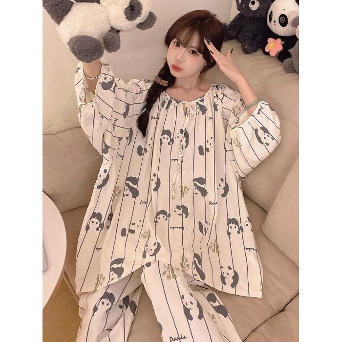 Women's Sweet Pure Cotton Pajama Set - Round Neck, Long Sleeve, Long Pants, Comfortable Home Wear for Spring & Autumn
