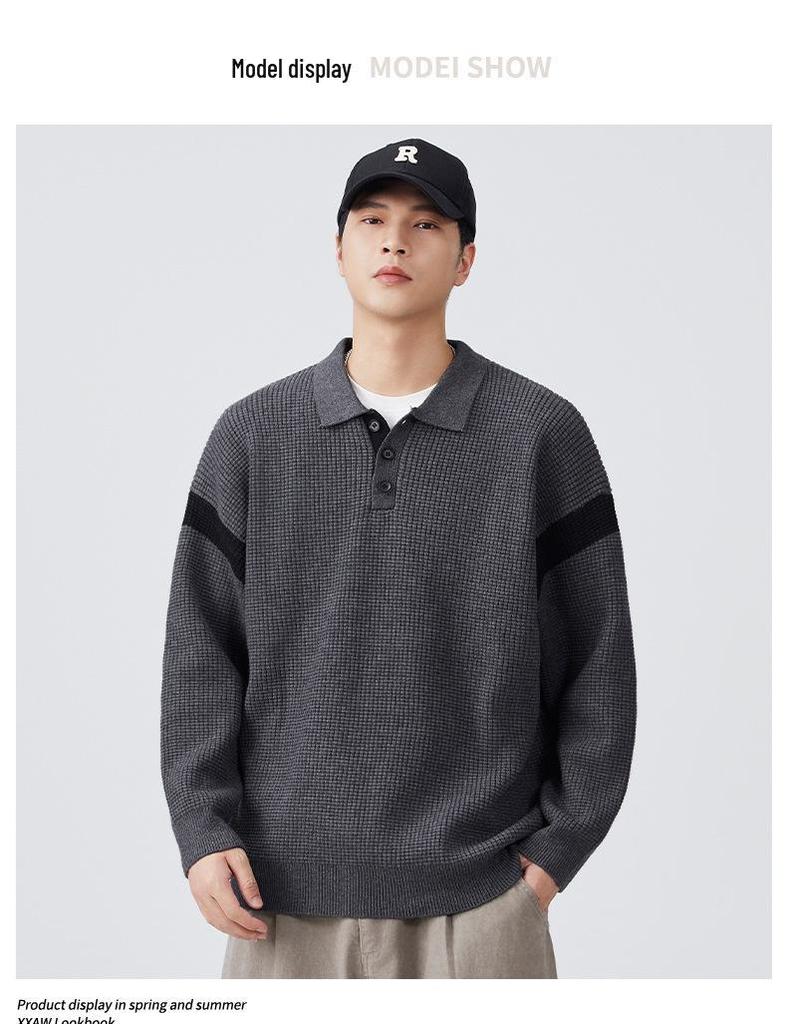 Mu Yuan Men's Retro Autumn/Winter Knit Polo Sweater - American-Style Casual Top