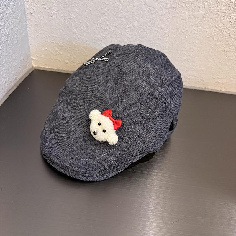 Cute Teddy Bear Flat Cap, Corduroy Newsboy Hat with 3D Bear Bow Decor, Casual Beret for Women & Girls