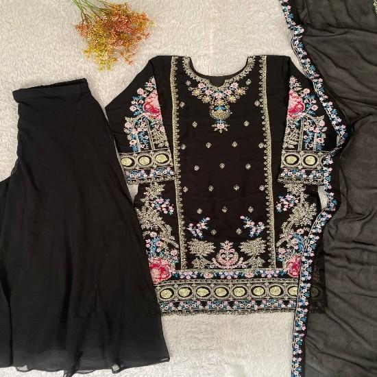 Graceful Jet Black Georgette Sharara Suit with Vibrant Floral Embroidery M