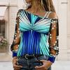Plus Size Women Asymmetric Shoulder Long Sleeve Top Vibrant Tropical Leaf Print Mesh Lace Splicing Blouse