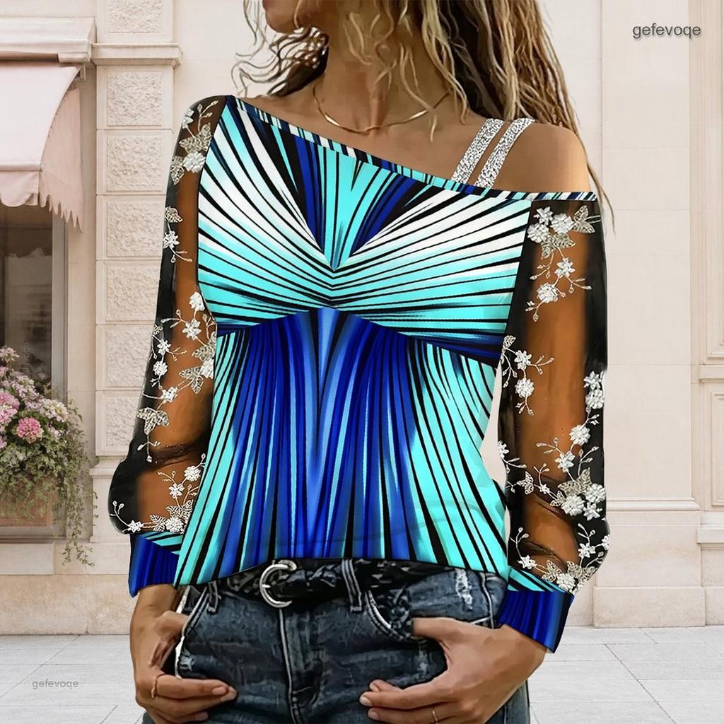 Plus Size Women Asymmetric Shoulder Long Sleeve Top Vibrant Tropical Leaf Print Mesh Lace Splicing Blouse