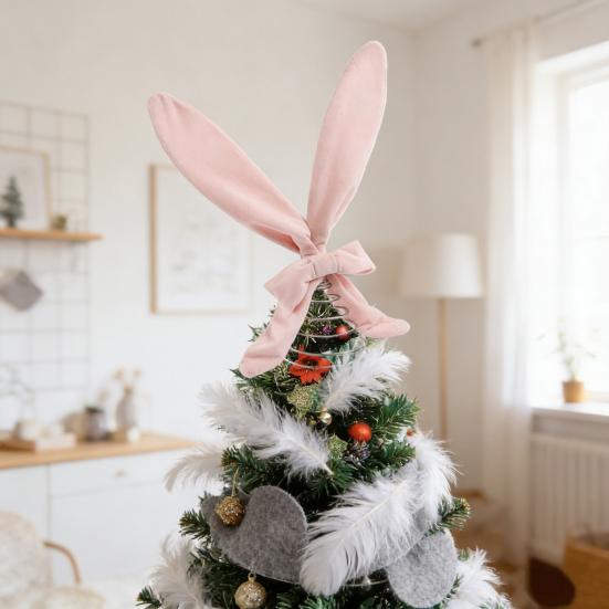 Easter Ornament Soft Pink Velvet Rabbit Ears Tree Topper with Spring Support Flexible Swinging Decoration