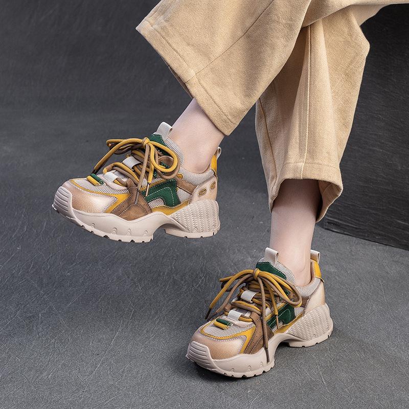 Fashion 4cm Air Mesh Genuine Leather Comfy Summer Hollow Ankle Boots Mixed Color Chunky Sneaker Women Vulcanize Fashion Shoes