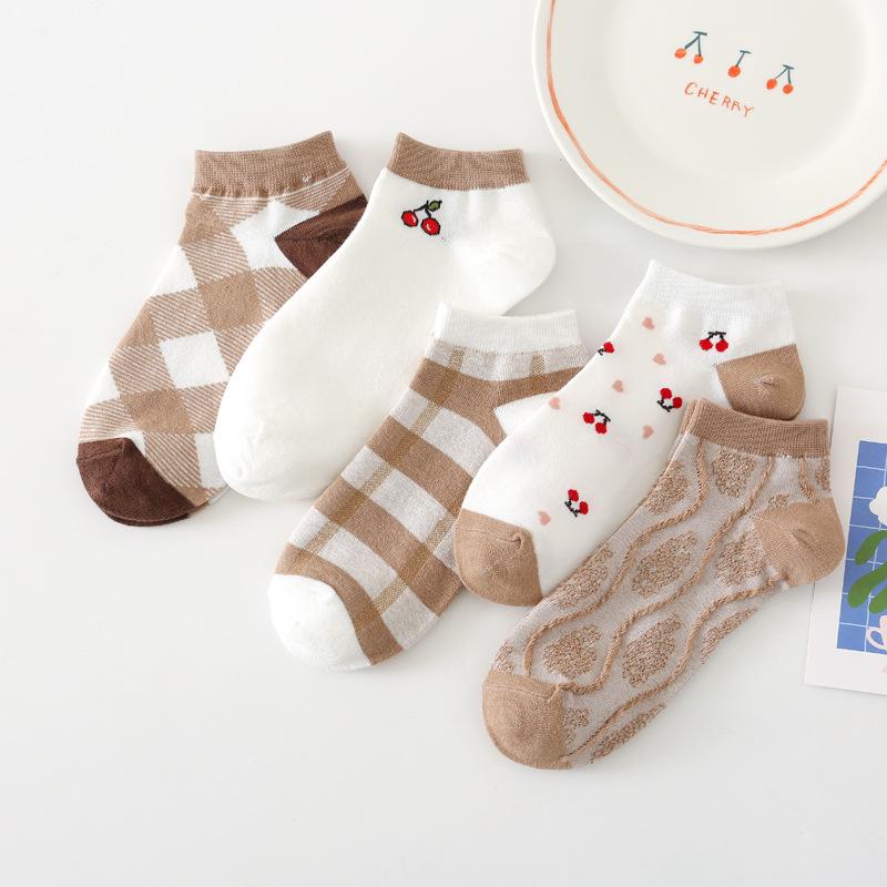 5/10 Pairs Casual Spring and Summer Socks for Women Boat Socks Cute Khaki Checkered Short Socks Low Cut Shallow Mouth Cotton Invisible Socks