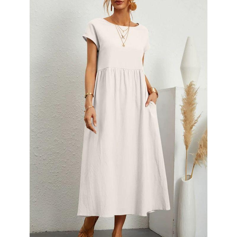 Solid Color Loose Dress with Pockets Pure Color Ribbon Pocket Loose Dress