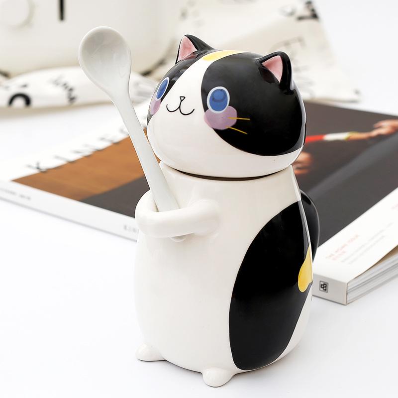 Japanese Cute Cat Cartoon Ceramic Cups with Lids: Perfect for Coffee, Milk, and Breakfast