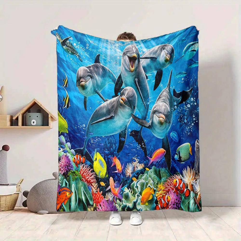1Pc Oceanic Dolphins Fishes Blanket Soft And Comfortable Casual Warm Camping Travel Christmas Halloween Xmas Gift Em92410