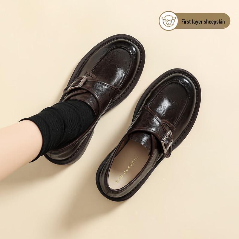 ZHR Women s Retro Sheepskin Block Heel Loafers 39