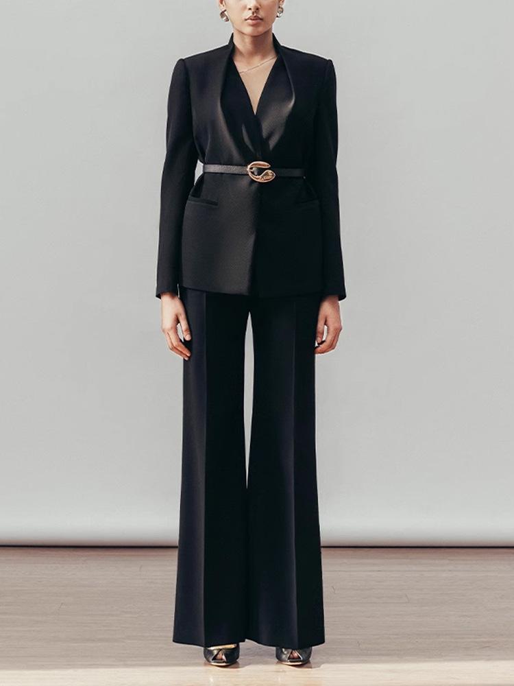 Women's Burgundy High-End Suit Set: Spring/Autumn 2025 Street Style with Wide-Leg Pants