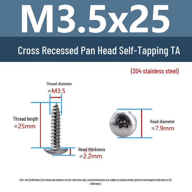 304 Stainless Steel Large Flat Head Self-Tapping Screws, TA Umbrella Head, Pointed Tail, M2-