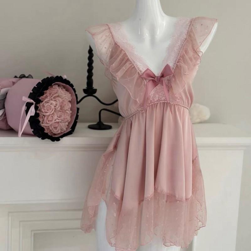 Pure Desire Style Satin Slip Nightdress Sexy Backless Lace Bow Polka Dot Lingerie Women