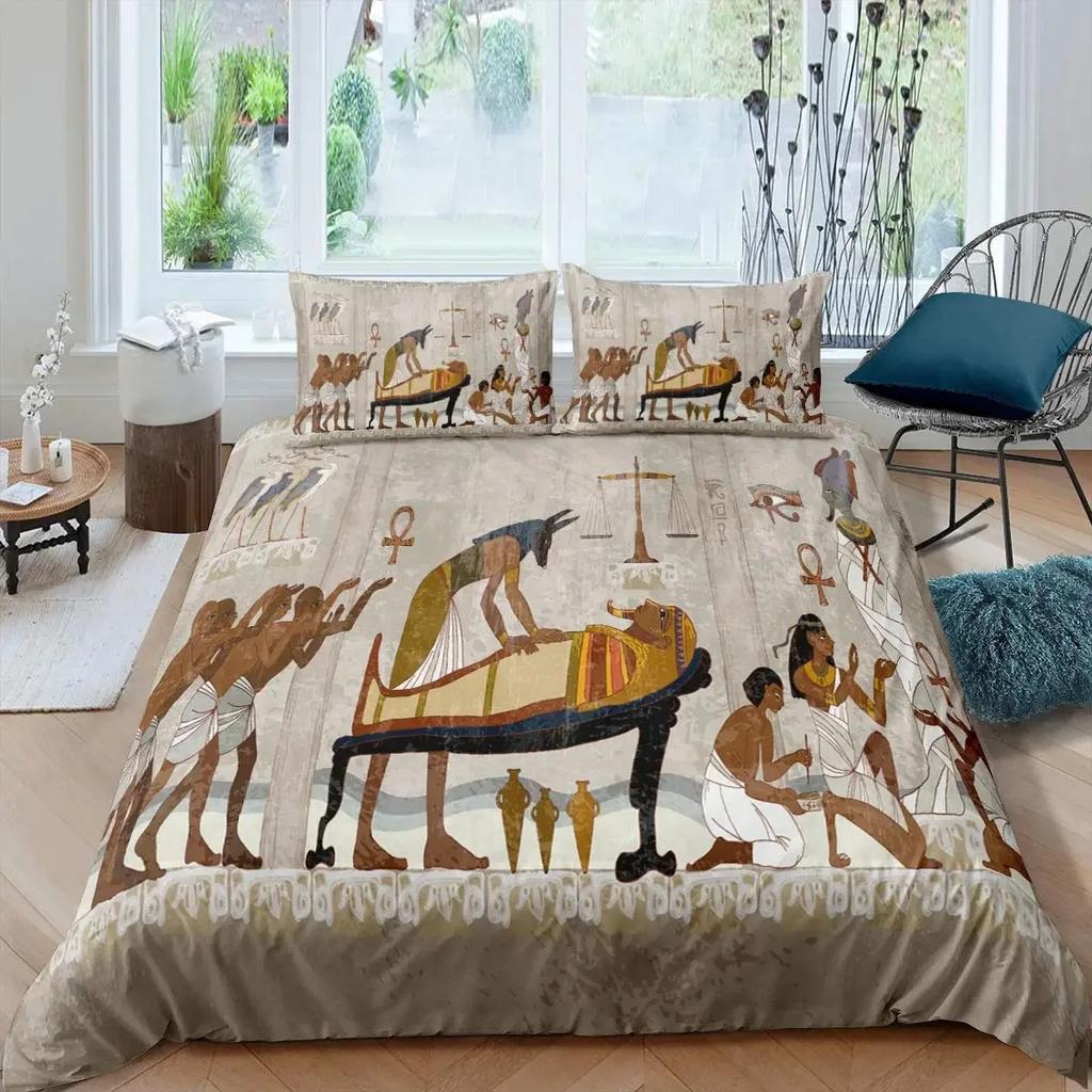 Cleopatra Bedding Sets King Size Ancient Egyptian Pattern Duvet Cover Set Mummy Exotic Tribe Style Comforter Cover Quilt Cover