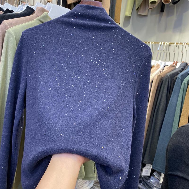 Zimní Dámská Móda Top Třpytky Dámské Nové Tlusté tričko se zapínáním na polovysoký výstřih, dlouhý rukáv Basic All Match Trička