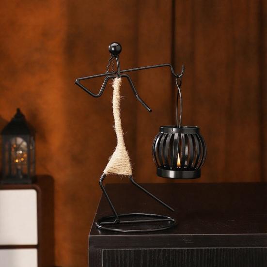 Human Figure Iron Candle Holder Handmade Metal Jute Rope Candlestick Nordic Boho Home Decor for Dining Table Bar Countertop Wedding Restaurant