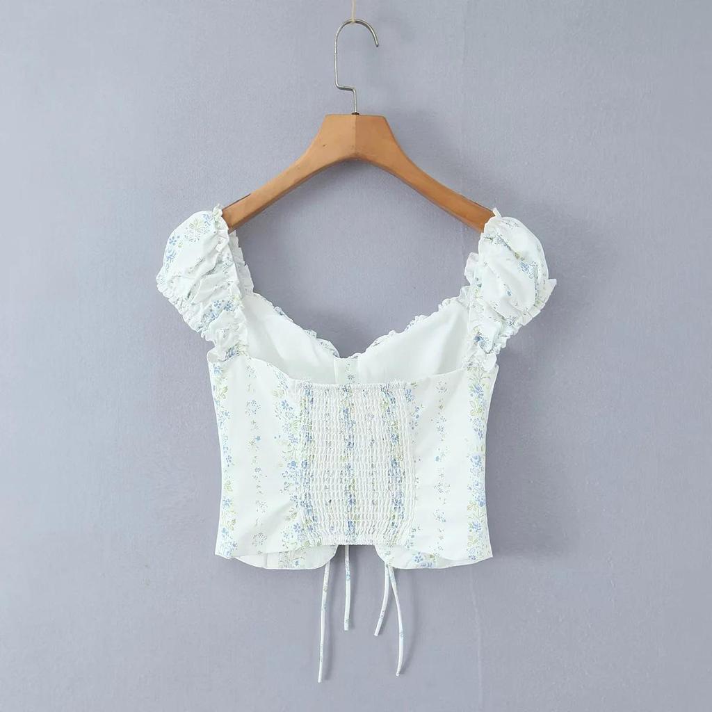 Elegant French Square Neck Floral Tie-Up Top - Women's Summer Slimming Waist-Cinching Shirt