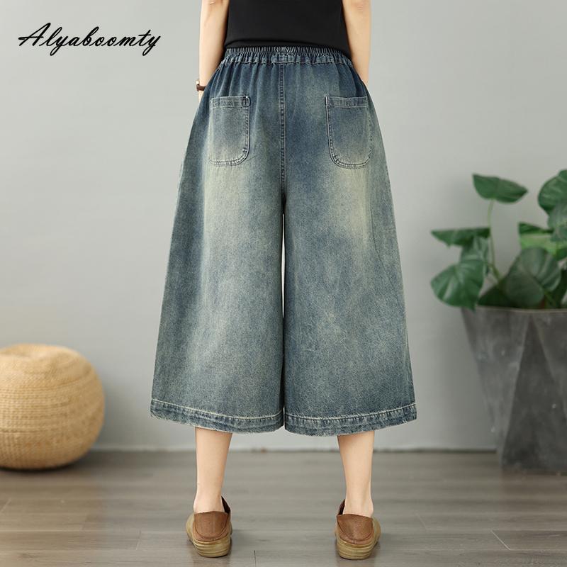 Plus Size Summer Women Wide Leg Jeans Elastic Waist Patchwork Embroidery Baggy Denim Capris Casual Loose Vintage Basic Ladies' 3/4 Length Pants