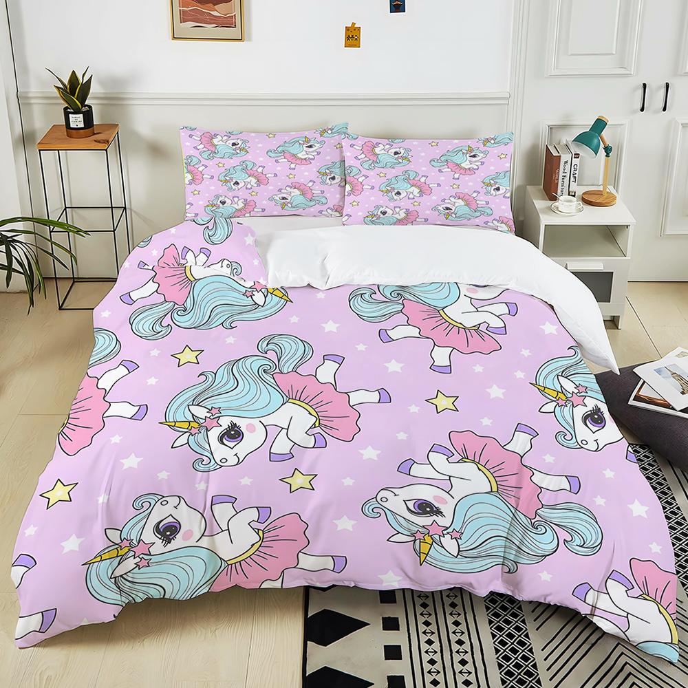 Cartoon Cute Unicorns And Stars Pattern Bedding Set 1 Duvet Cover 2 Pillowcases For Adult And Children Luxury Gift Full Size