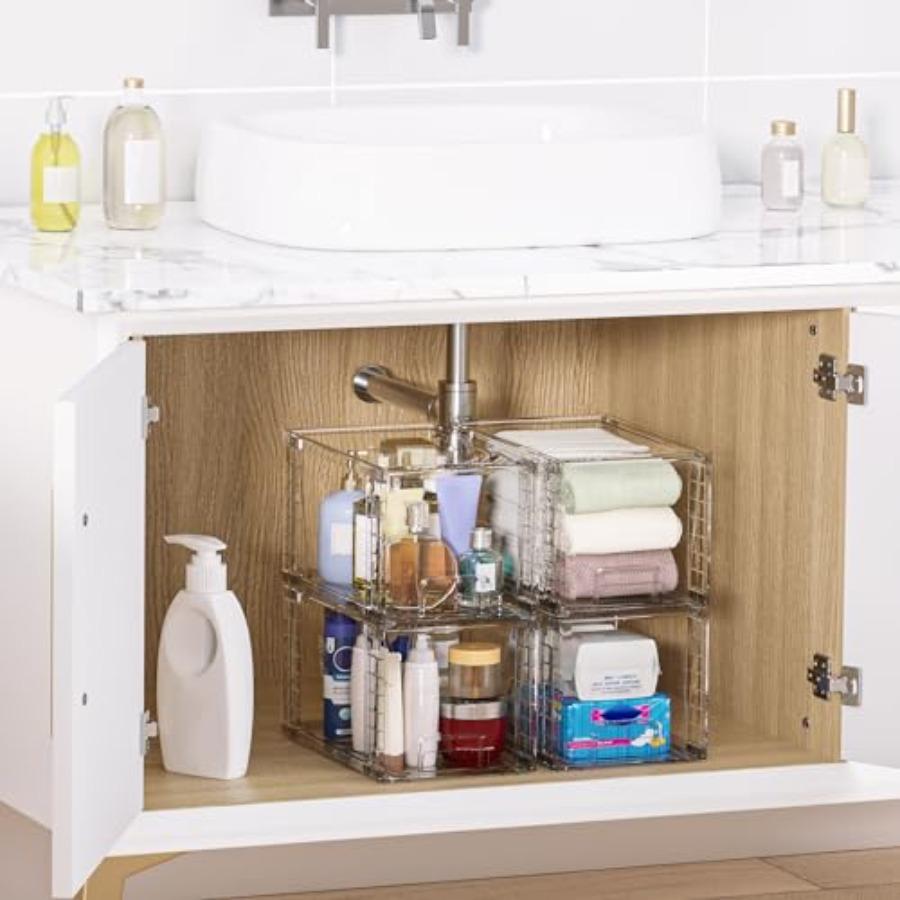 4 Pack Large Stackable Storage DrawersEasily Assemble Acrylic Bathroom Closet Undersink Organizers and Storage Plastic Bins for