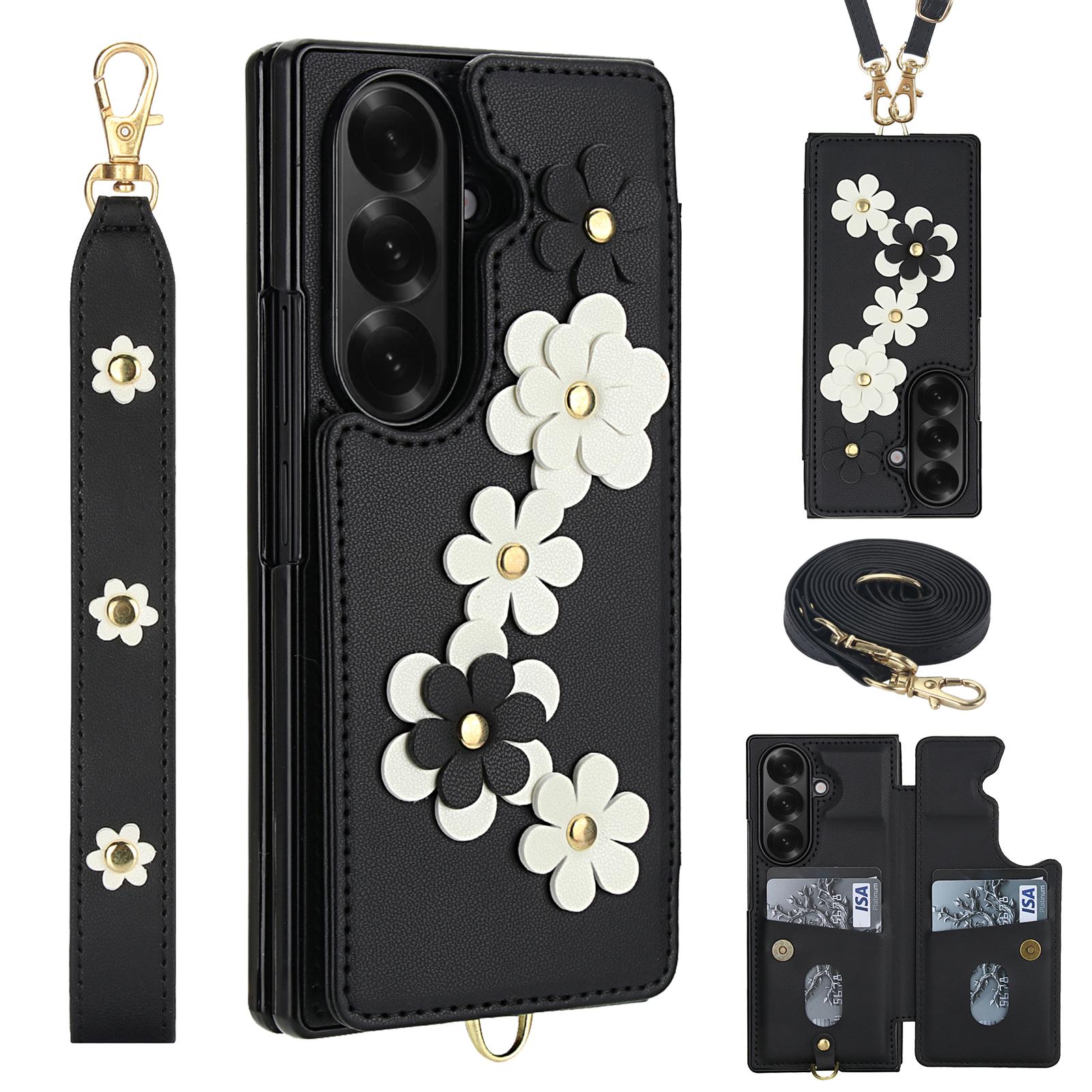 

For Samsung Galaxy Z Fold7 5G Case Card Slots Leather Coated TPU Flower Phone Cover with 2 Straps Black