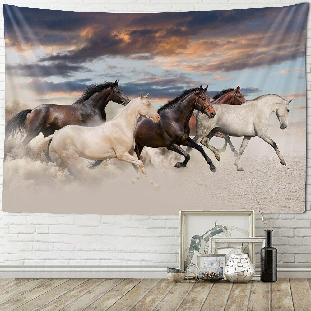 A tapestry with a galloping horse hangs on the wall. 75x100