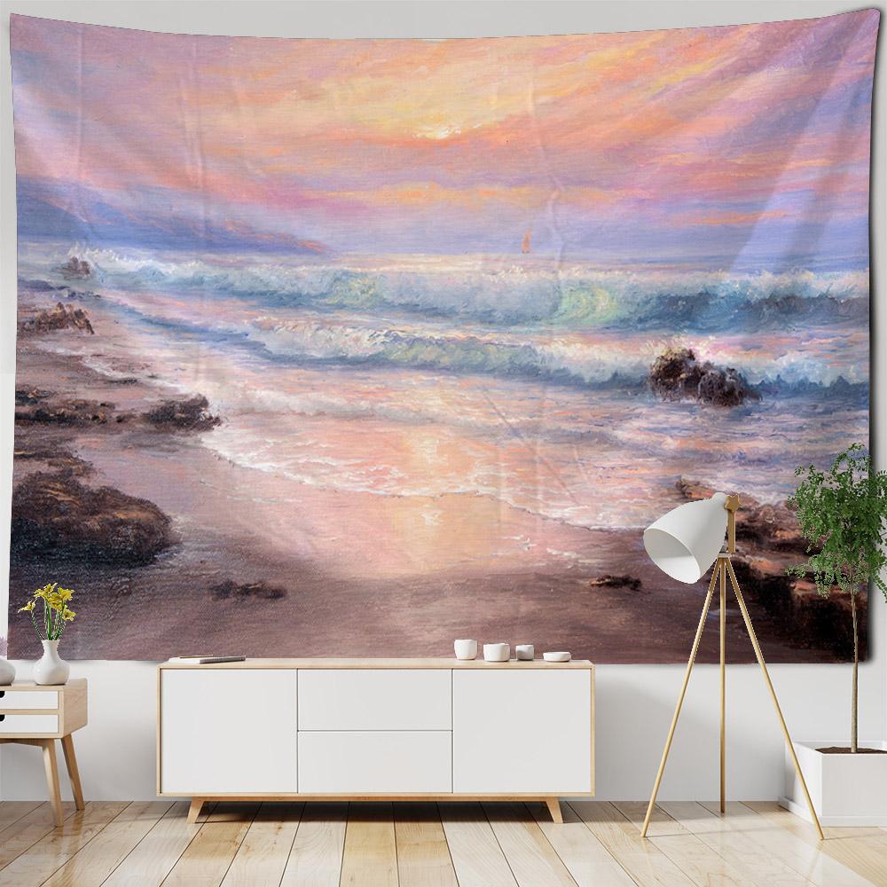 Sea View Oil Painting Tapestry Wall Hanging Living Room Bedroom Office Aesthetic Decoration Mural Home Background Hanging Cloth