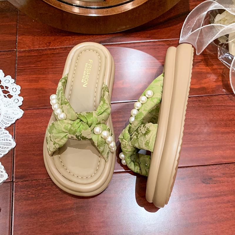 

Fashion Shoes Woman 2025 Slippers Casual Pantofle Low Platform Shale Female Beach Luxury Summer New Sabot Slides PU Fabric Scandals Rome 35 зелёный