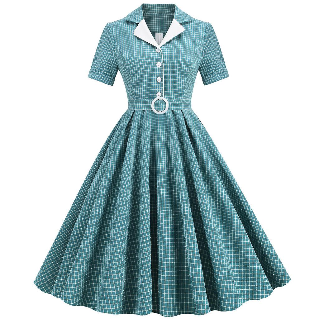 Vintage Plaid Dress With Suit Collar And Belt For Retro Style Women
