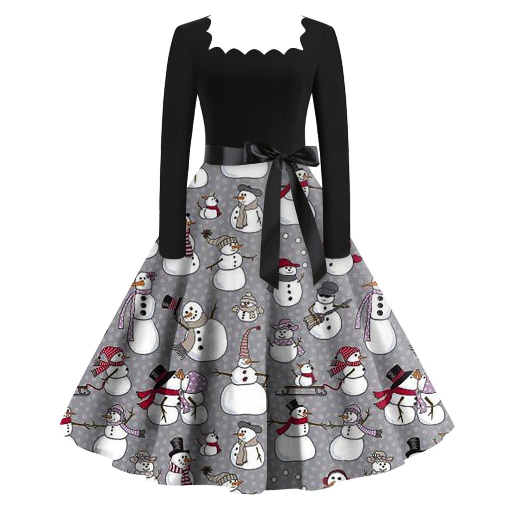 Women's Fashion Retro Long-sleeved Square Collar Christmas Printed Evening Dress