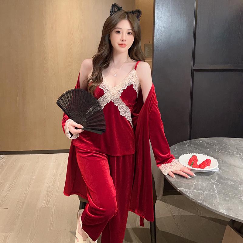 

2024 Осень/Зима Женский Пижамный Комплект Из 3-х Предметов Золотого Бархата: Сексуальная ночная рубашка, брюки и топ с подкладкой XL вино красного