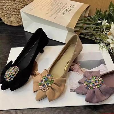 Spring and Autumn Bow Rhinestone High Heels Women's New Minimalist Style Solid Color Soft Leather Commuting Women's Light Mouth Single Shoes