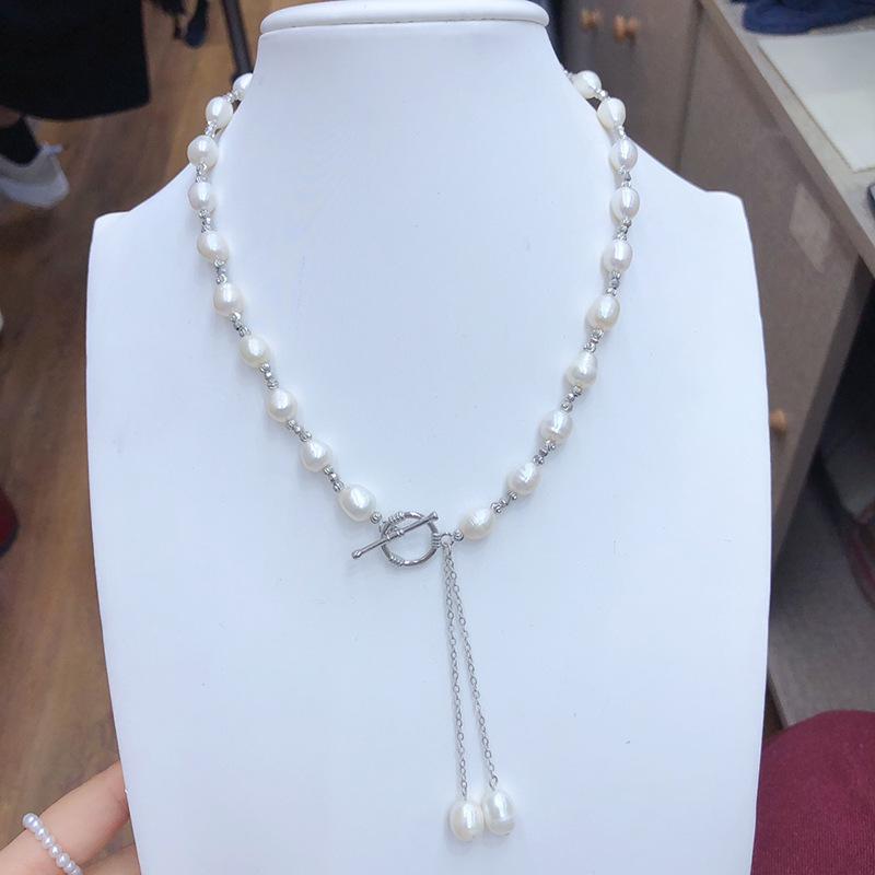 Versatile Freshwater Pearl Tassel Necklace with OT Buckle - Elegant Collarbone Chain
