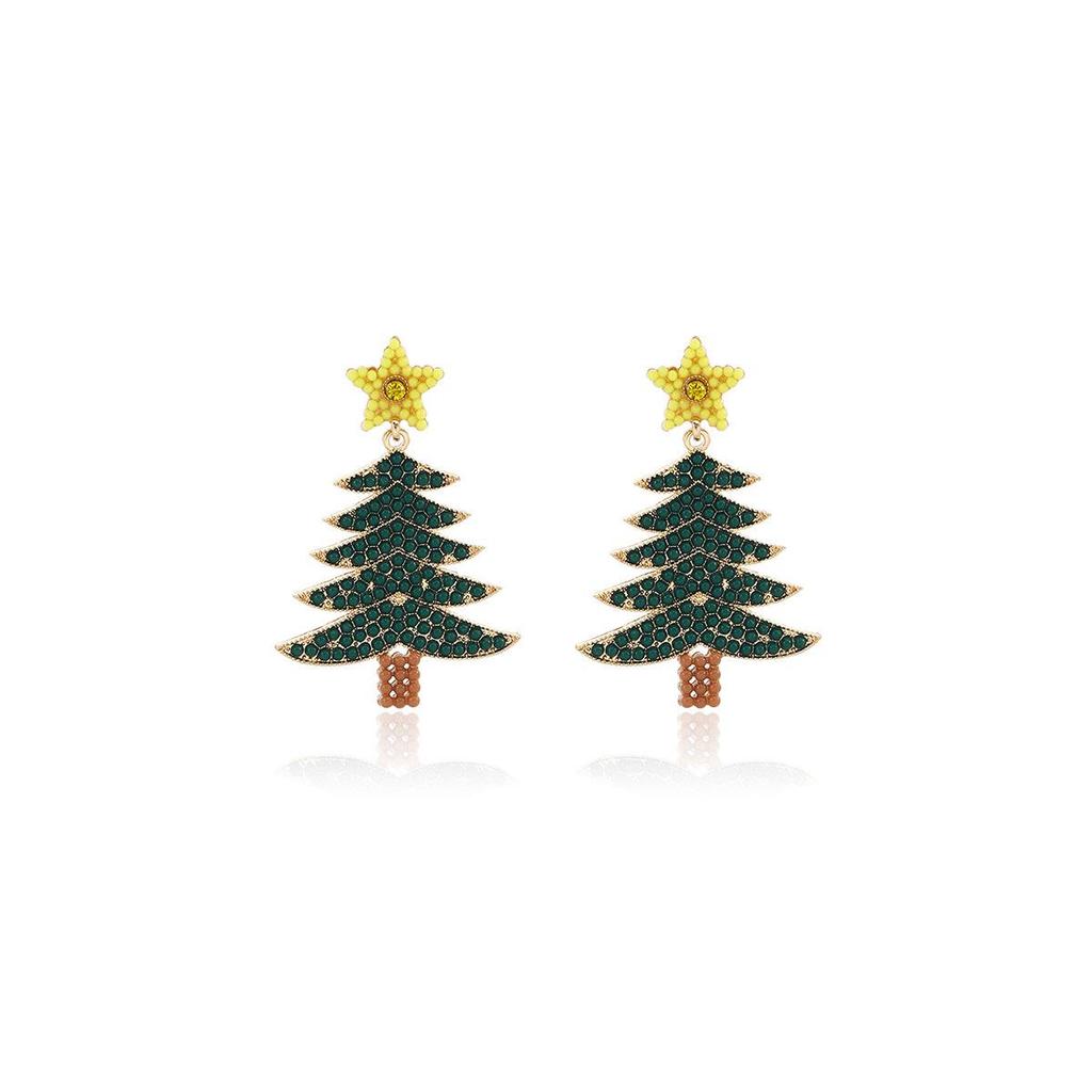 Red Green Star Diamond Christmas Tree Earrings for Women: Creative Color Blocking Drip Oil Design