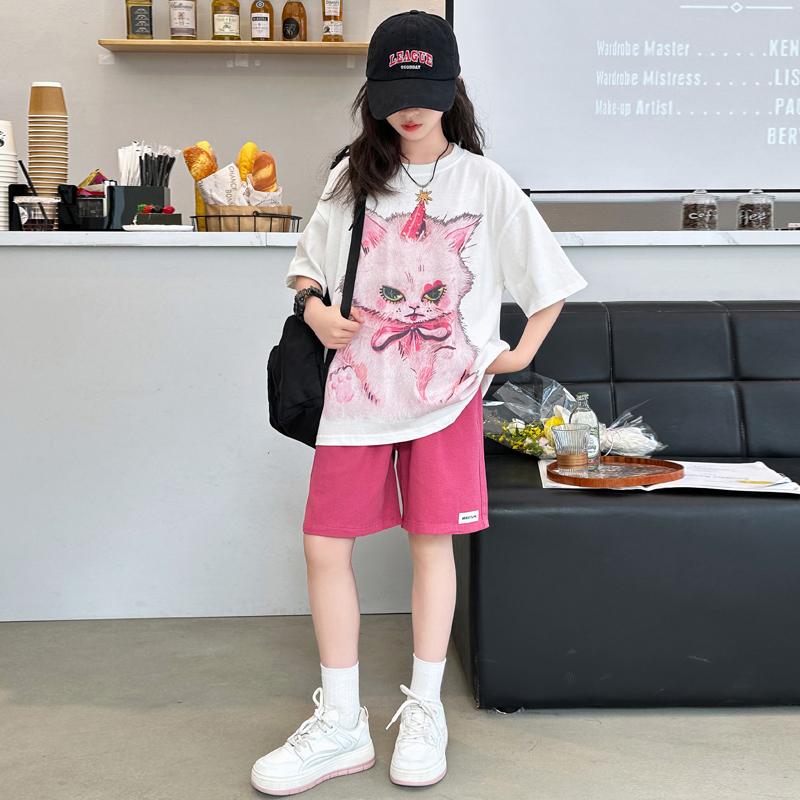Girls' Summer Casual Set New Korean Style Fashionable Loose Girls' Summer Short Sleeved Shorts Set