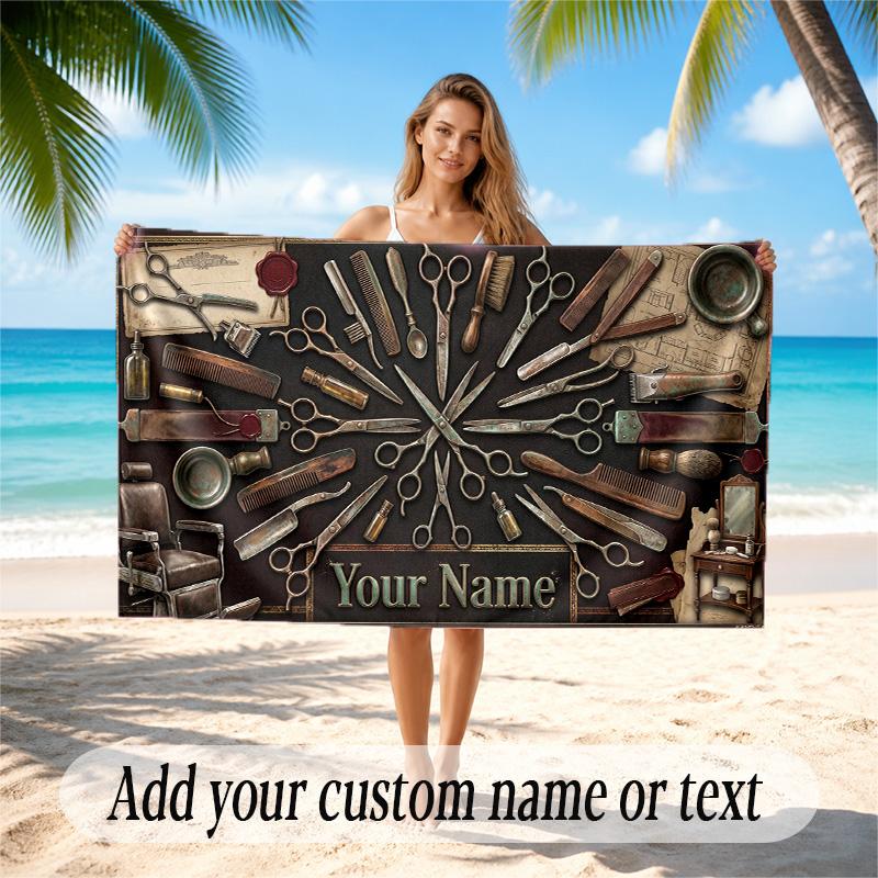 Barber Salon Theme Quick Dry Beach Towel Custom Name Text Print Large Sand Resistant Towel Beach Vacation