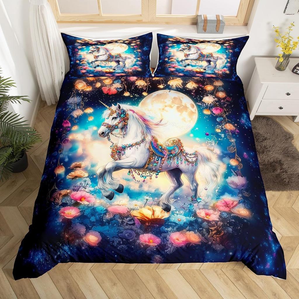 Einhorn Pferd Bettbezug Set Queen Size Träumerisches Regenbogen Bettwäsche 3 Teile Kinder Teenager Buntes Funkelndes Galaxie Set 2 Kissenbezüge