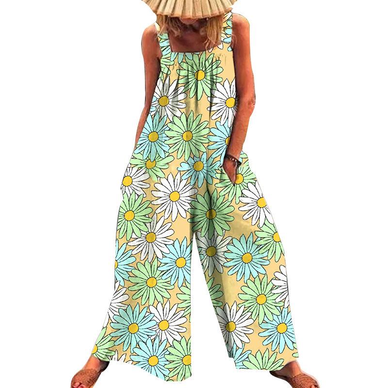2026 Summer Plus-Size Women's Printed Strappy Wide-Leg Jumpsuit