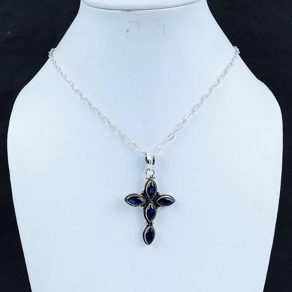 Blue Sapphire Gemstone Silver Cross Pendant in 925 Sterling Silver- Handmade Design, Everyday Wear Jewelry, Unique Pendant Gift For Her