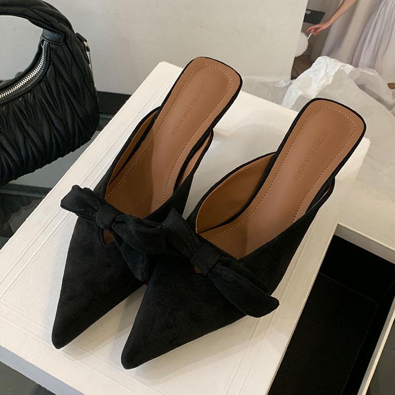 Fashion Footwear Shallow Ladies Heels Pumps Slides Butterfly-Knot Female Fashion Pointed Toe Elegant Women Heeled Sandals Shoes Mules