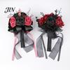 Spooky Wedding Bouquet Gothic Bride Bouquet, Artificial Black Red Rose Flower Party Floral Centerpiece with Skeleton Hand Pumpkin Skull for