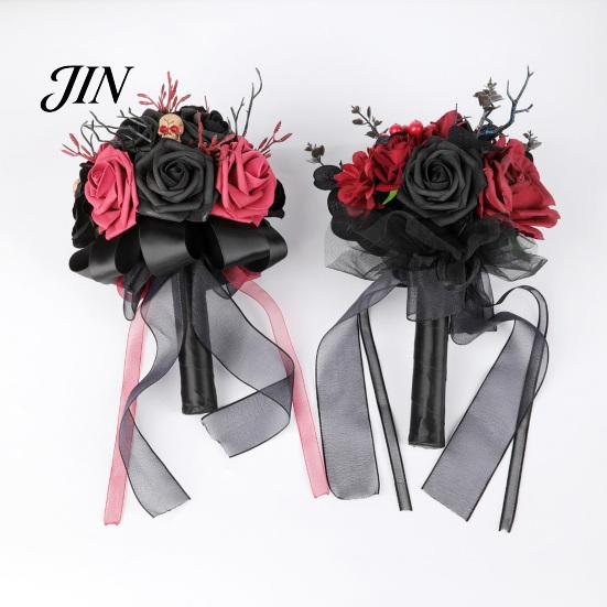 Spooky Wedding Bouquet Gothic Bride Bouquet, Artificial Black Red Rose Flower Party Floral Centerpiece with Skeleton Hand Pumpkin Skull for