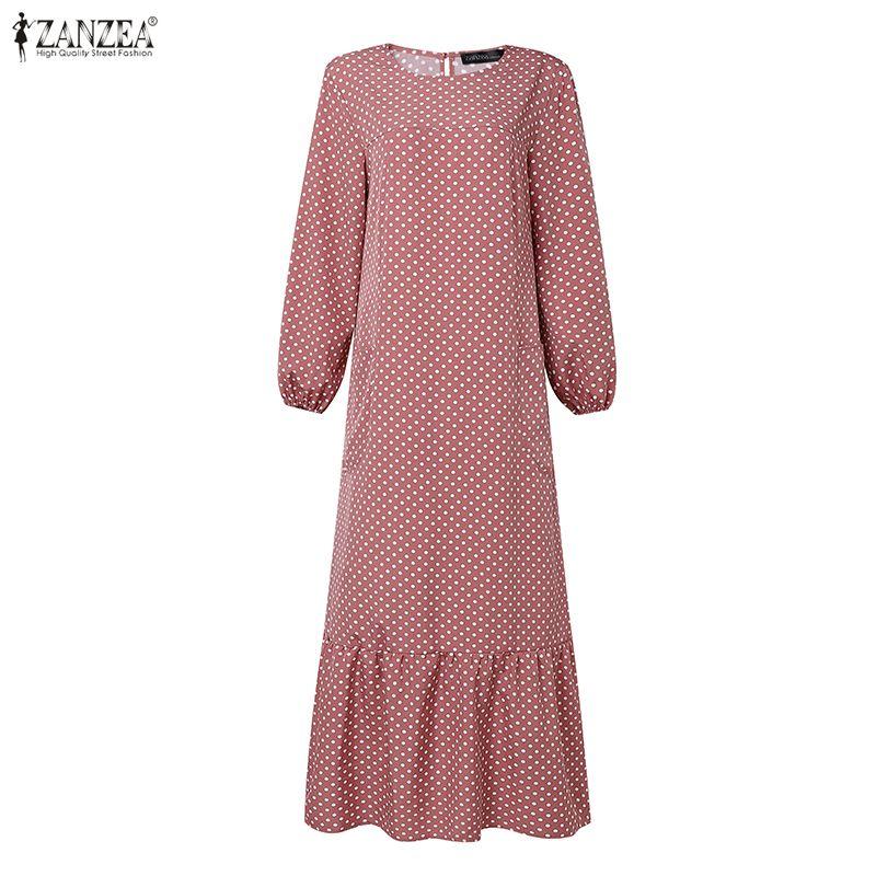ZANZEA Women Muslim Casual Round Neck Long Sleeve Loose Polka Dot Print Dress