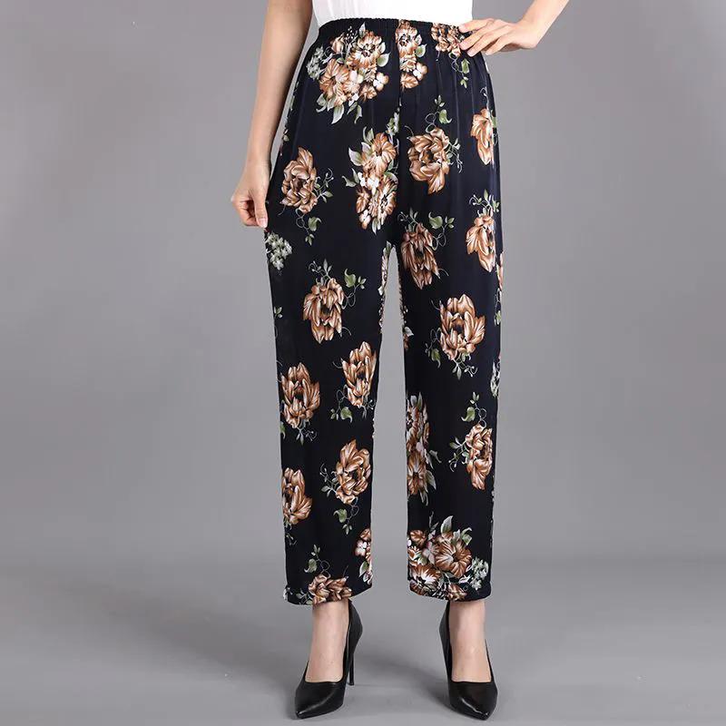 WTEMPO Ice Silk Wide Leg Pants Mother's Loose Cropped Pants Elastic High Waist Thin Printed for Women In Spring Summer