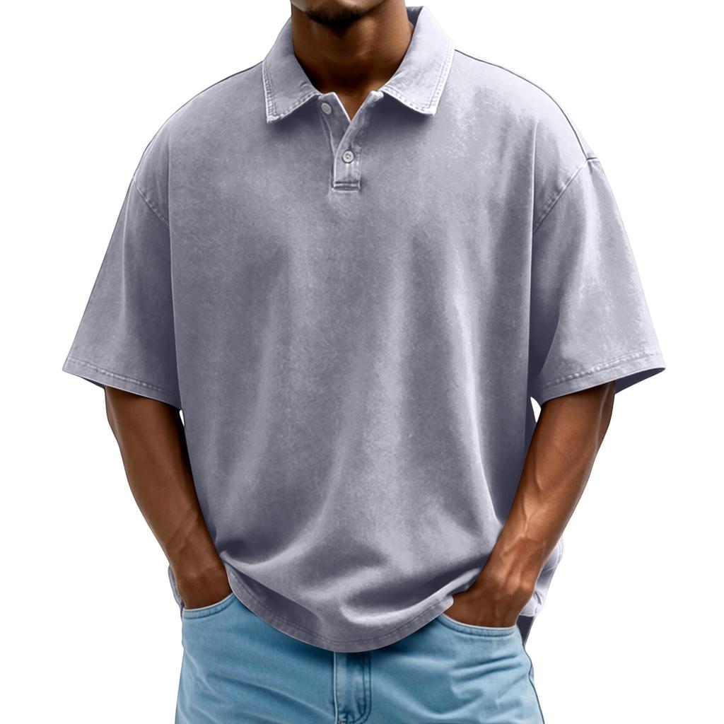 Men's Washed Vintage Polo Shirt Single Breasted Short Sleeve Casual Shirt with Turn Down Collar Loose Fit