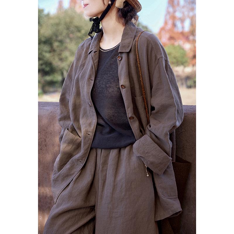 Spring Summer Retro Women's Tea Brown Linen Plus Size Slimming Loose Lapel Shirt Outerwear
