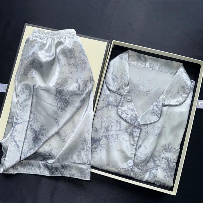 Damen 2-teiliges Pyjama-Set Sommer Neu Grün Sandmalerei-Druck Faux-Seide Zweiteiliges Set Hauskleidung Weiche Lässige Pyjamas Shorts